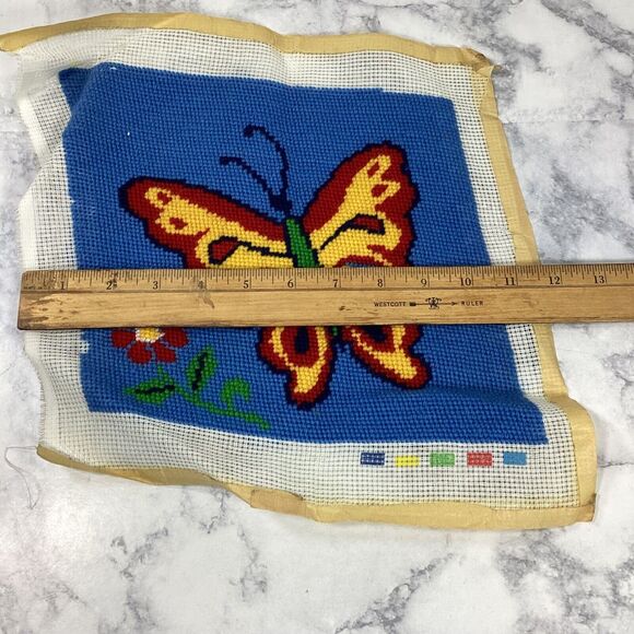 Vtg Butterfly Needlepoint Tapestry Panel Canvas Blue Red Yellow 9.25" x 8-3/4" - Picture 3 of 6